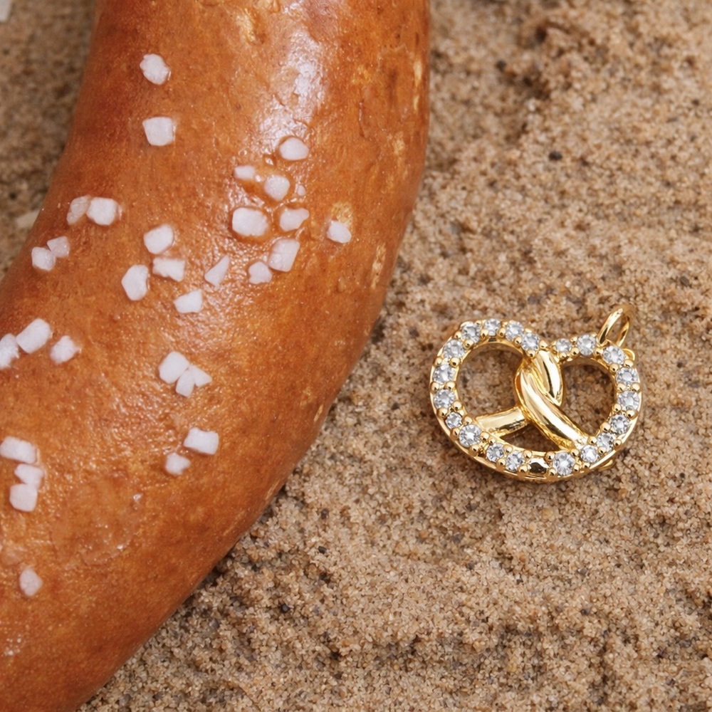 Gold pretzel charm pendant CZ sparkle cute food jewelry